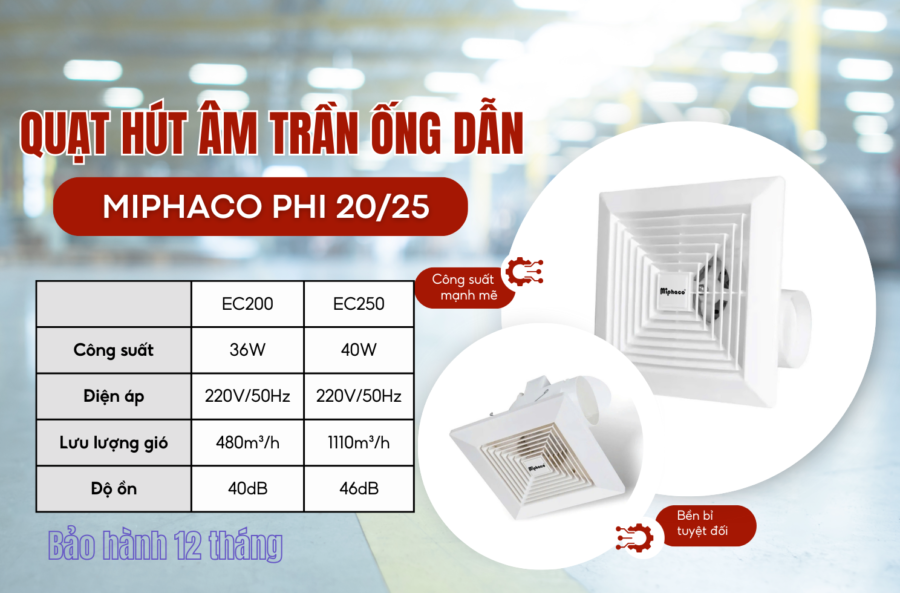 Quạt hút âm trần ống dẫn EC-200 Miphaco - Hình ảnh 2